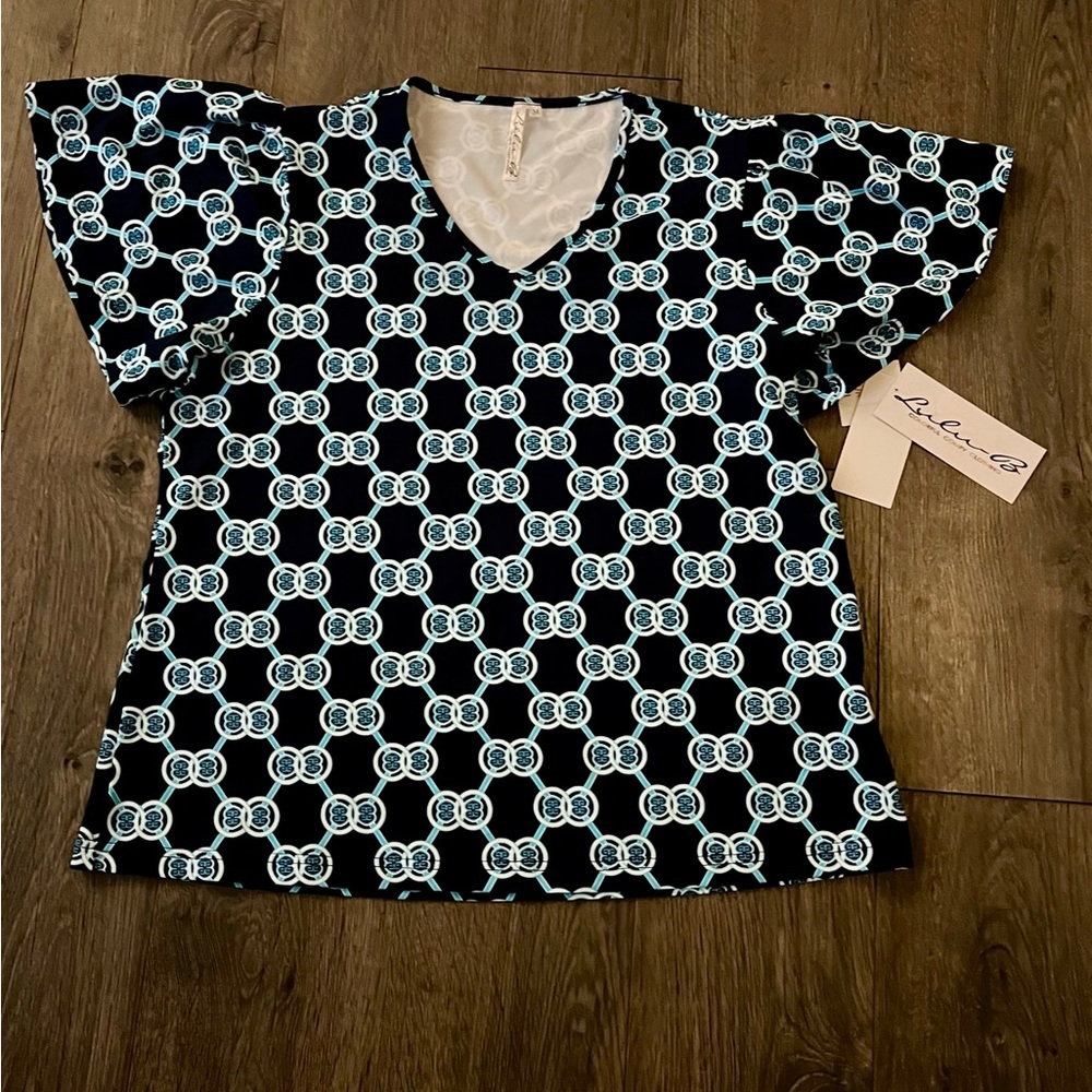 Lulu B Cooling UPF 50 Flutter Sleeve Top Navy Teal Print Size Medium NWT new med